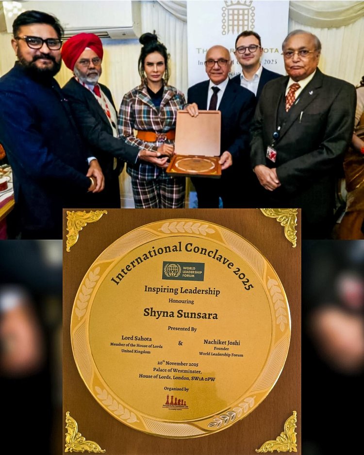 The World Leadership Forum honored Ms. Shyna Sunsara, twin sister of Col. Sofiya Qureshi, with the Leadership Award at the International Conclave 2025 held at the historic UK Parliament, House of Lords, London.